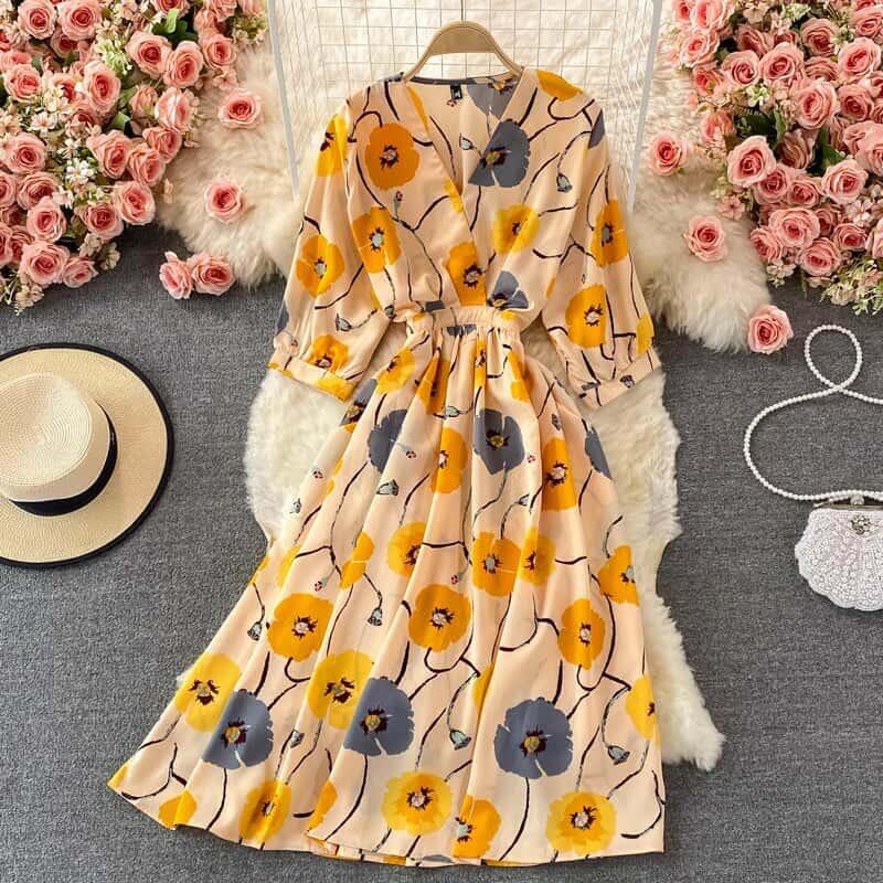 Korean V Neck Elegant Floral Print A-Line Summer Dress