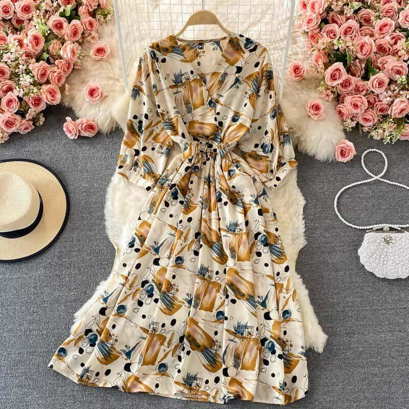 Korean V Neck Elegant Floral Print A-Line Summer Dress - image 2