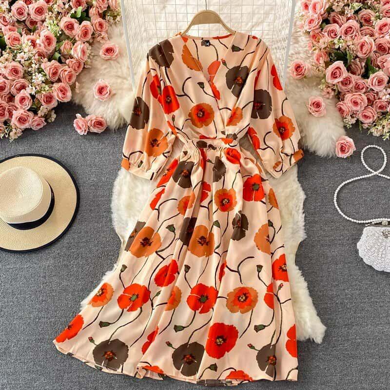 Korean V Neck Elegant Floral Print A-Line Summer Dress - image 3