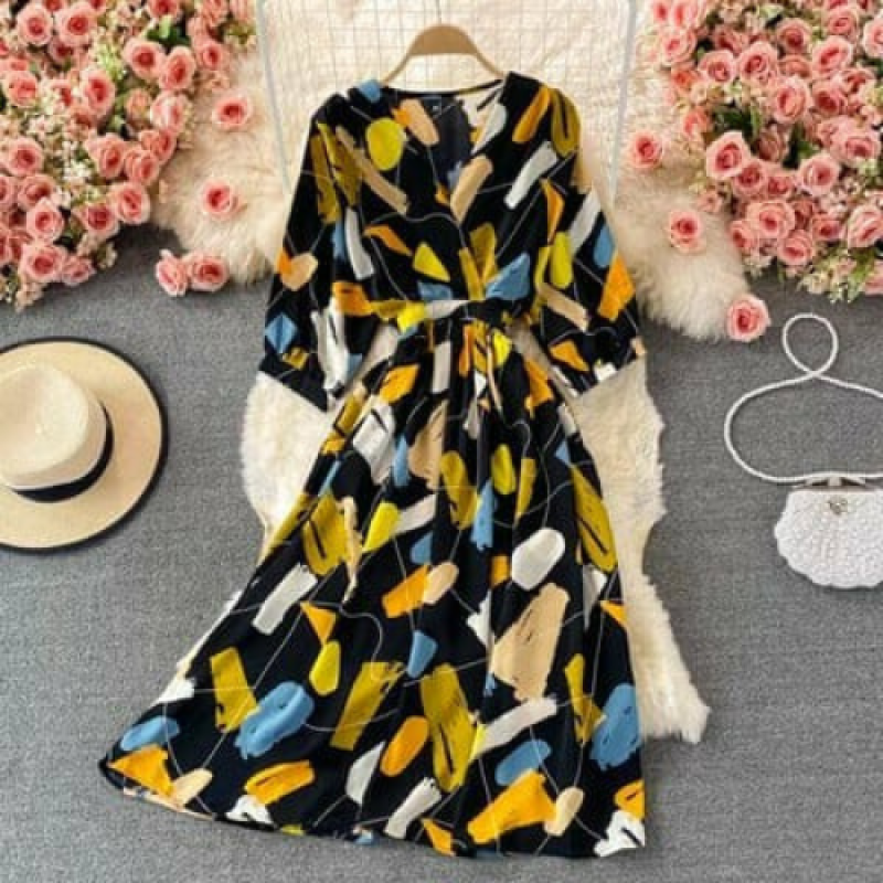 Korean V Neck Elegant Floral Print A-Line Summer Dress - image 5