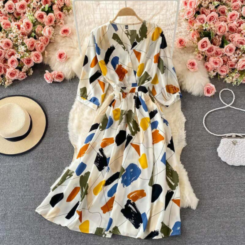 Korean V Neck Elegant Floral Print A-Line Summer Dress - image 6