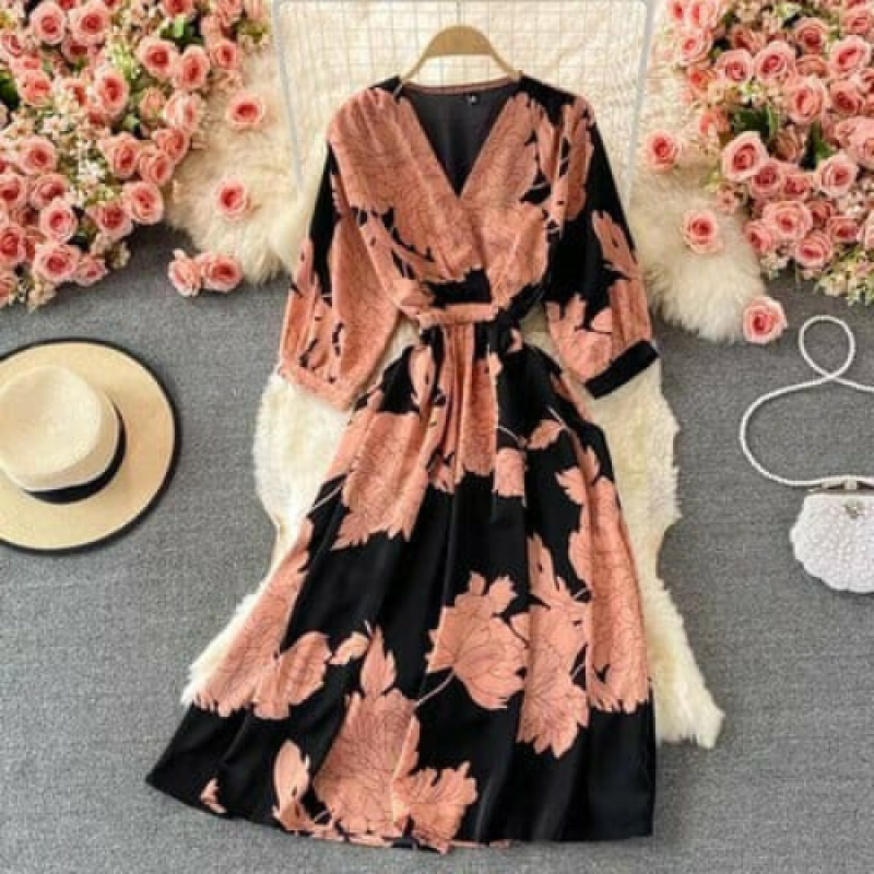 Korean V Neck Elegant Floral Print A-Line Summer Dress - image 7