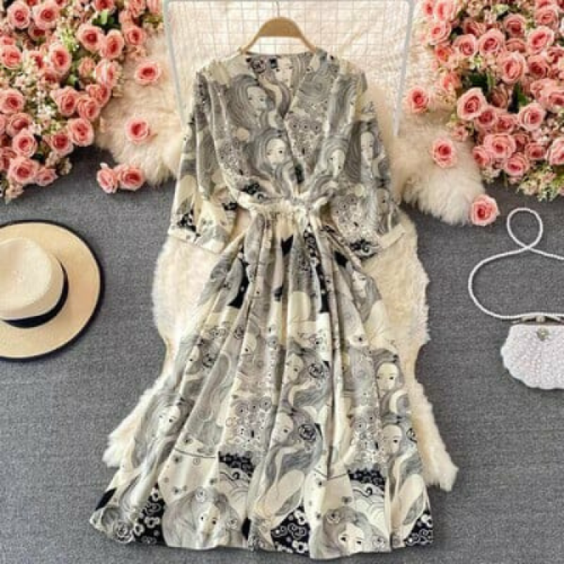 Korean V Neck Elegant Floral Print A-Line Summer Dress - image 8