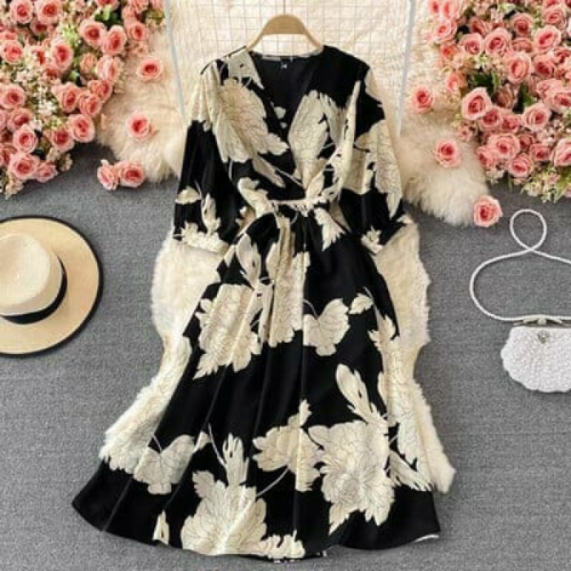 Korean V Neck Elegant Floral Print A-Line Summer Dress - image 9