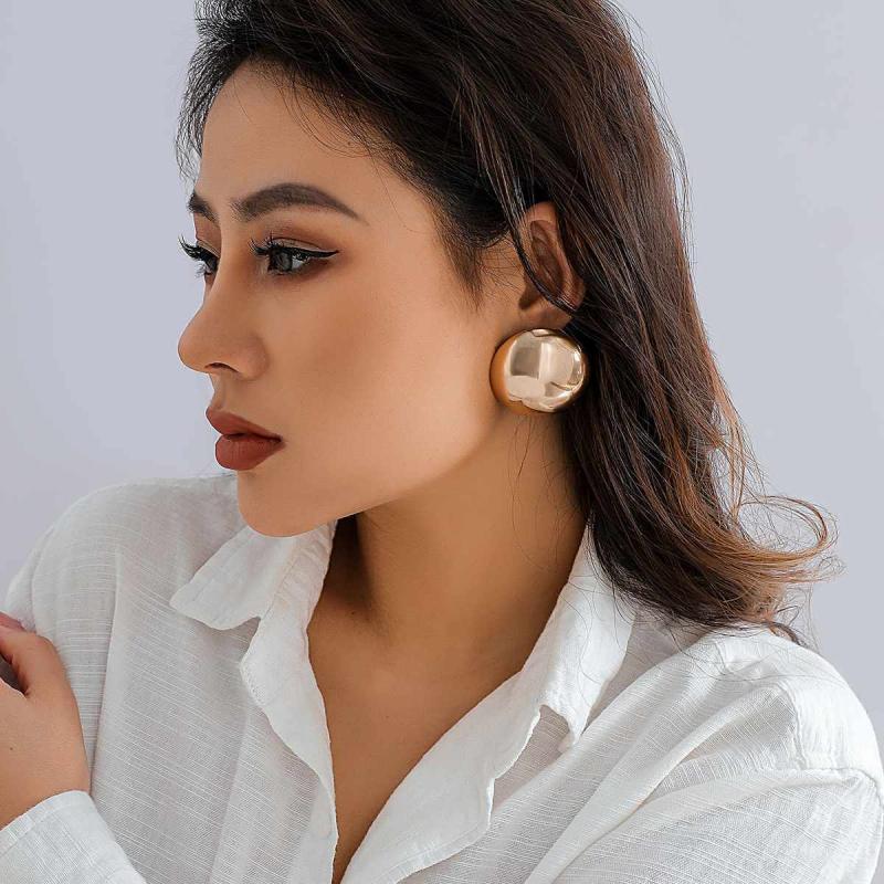 Punk Smooth Round Big Ball Metal Stud Earrings – Vintage Gold Pierced Earrings for Women
